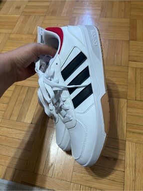 Adidas White Sneakers with Black Stripes and Red Heel